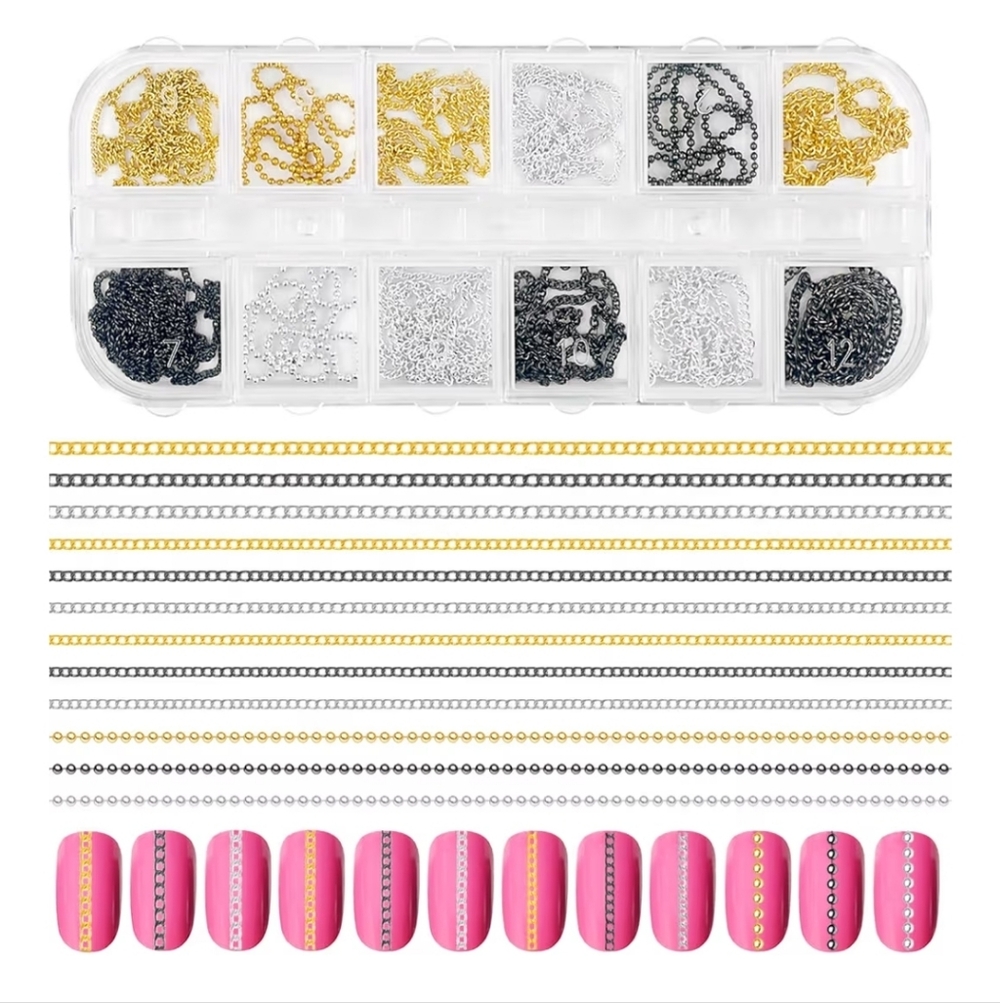 12 Strips Metal Nail Art Chains